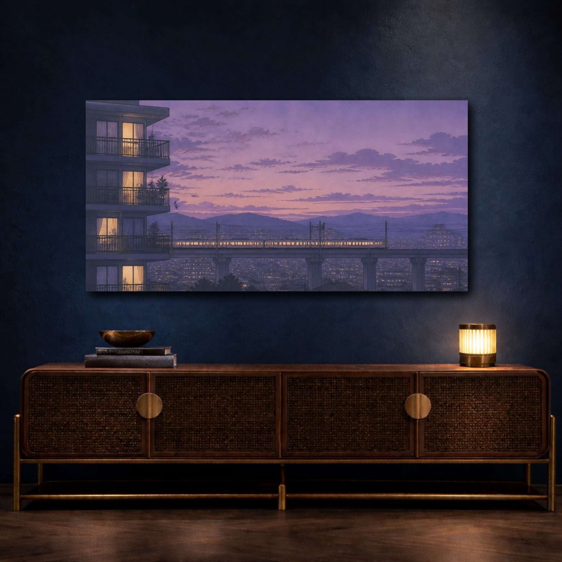 Mockup 4. Twilight Commuter Train shown as canvas print