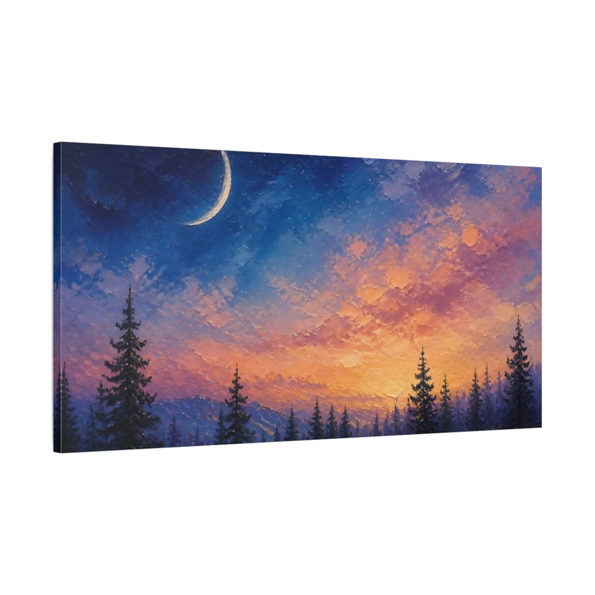 Main Mockup. Twilight Crescent Over Pines shown as canvas print