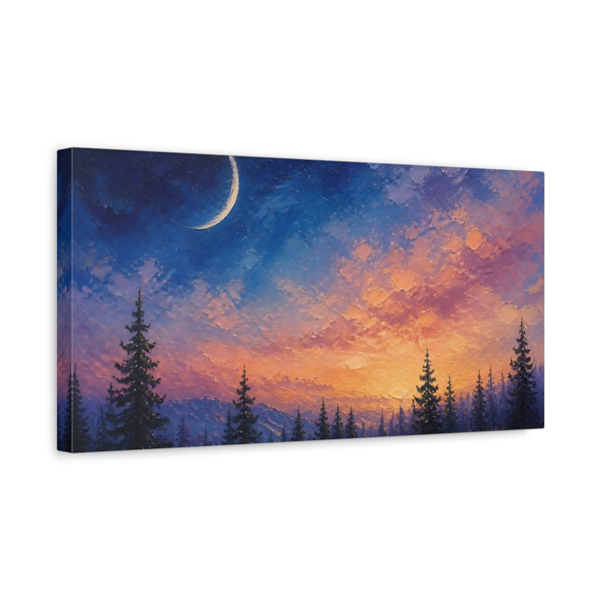 Side Mockup 3. Twilight Crescent Over Pines shown as canvas print