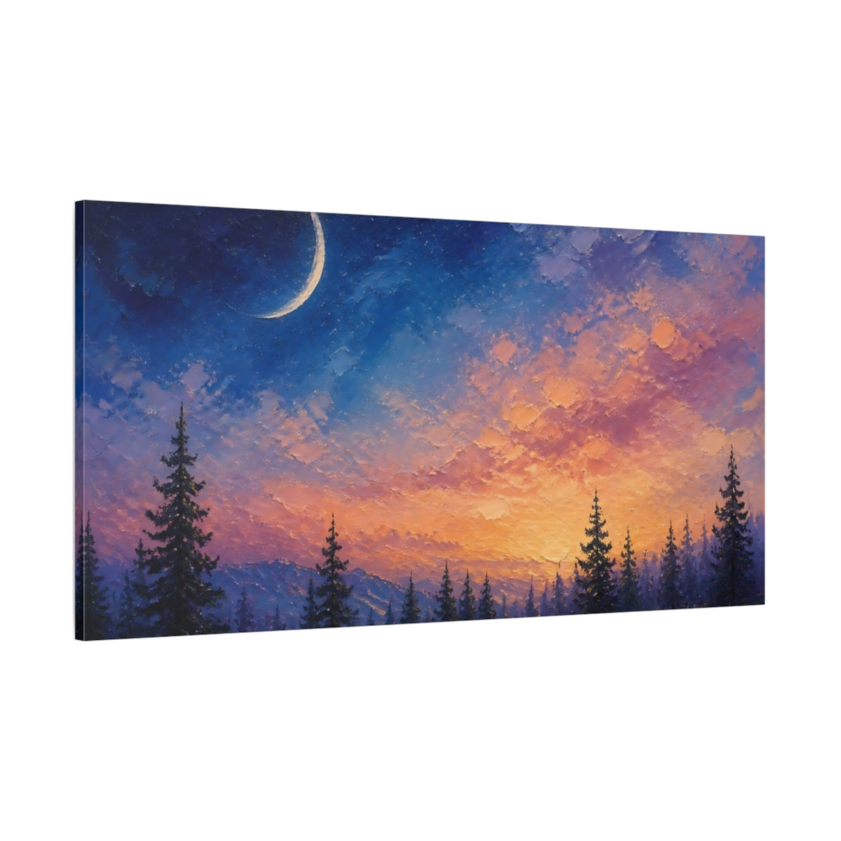 Side Mockup 2. Twilight Crescent Over Pines shown as canvas print