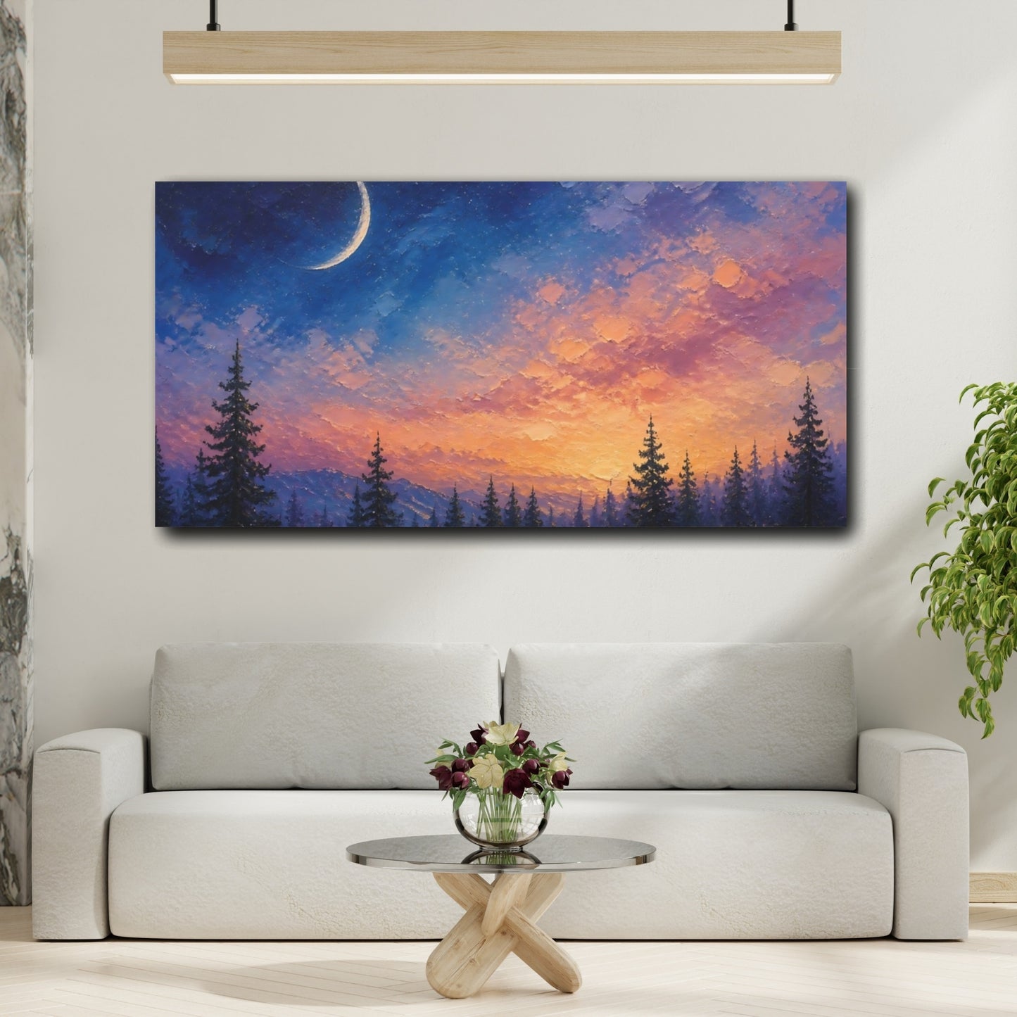 Mockup 2. Twilight Crescent Over Pines shown as canvas print