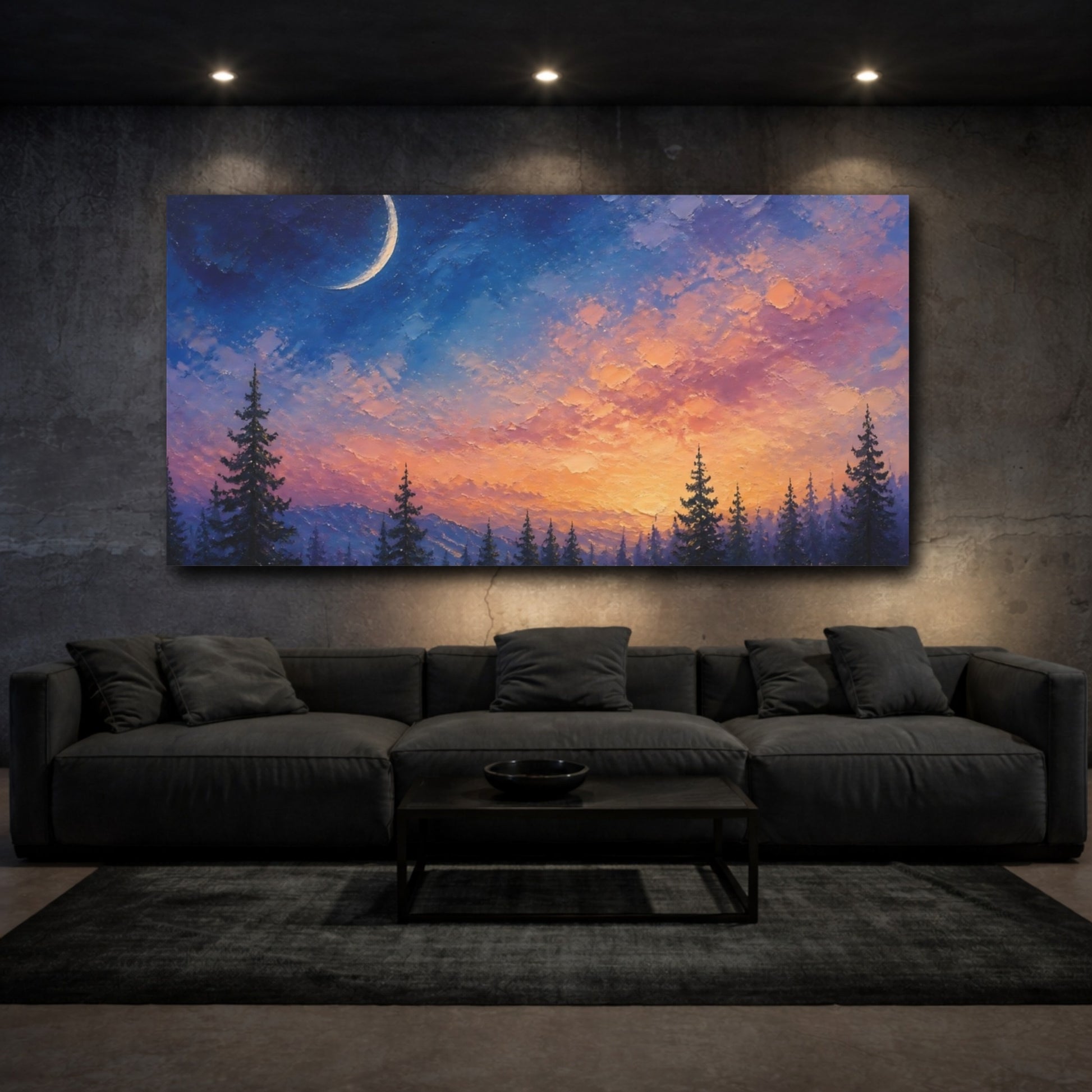 Mockup 3. Twilight Crescent Over Pines shown as canvas print