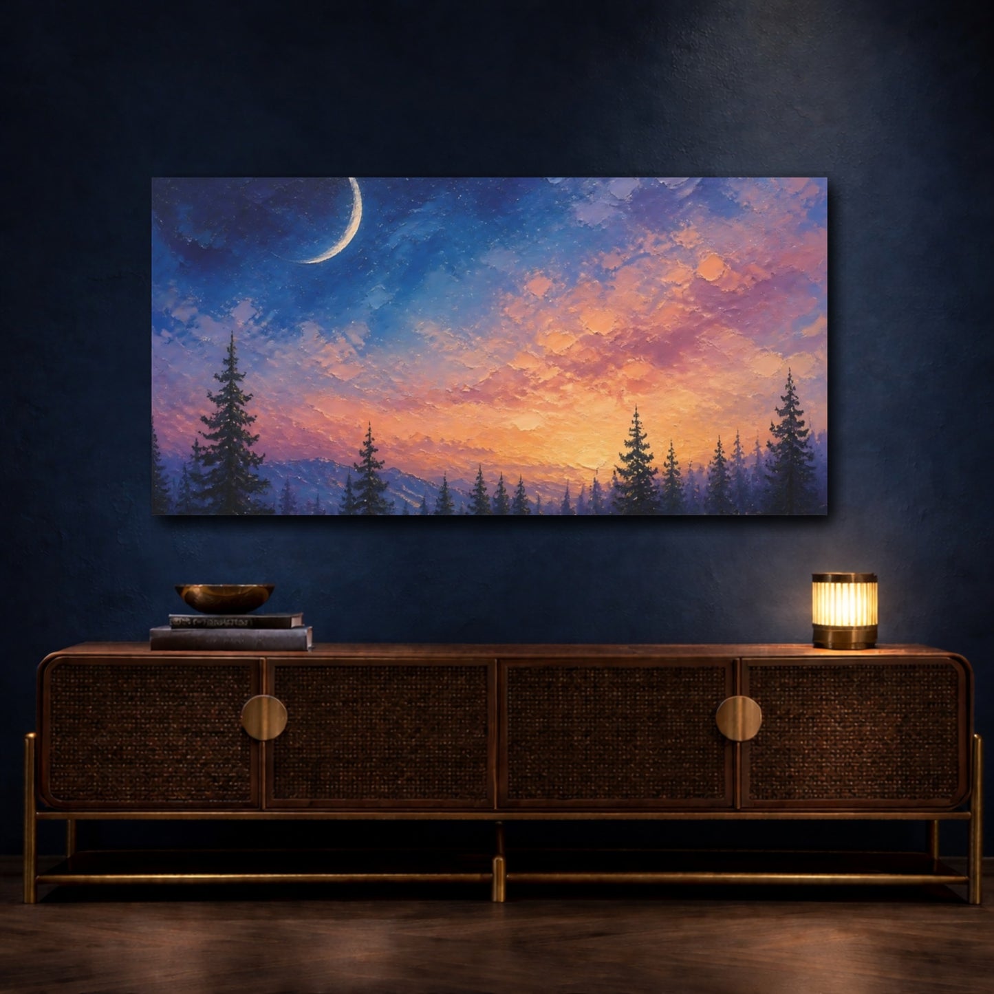 Mockup 4. Twilight Crescent Over Pines shown as canvas print