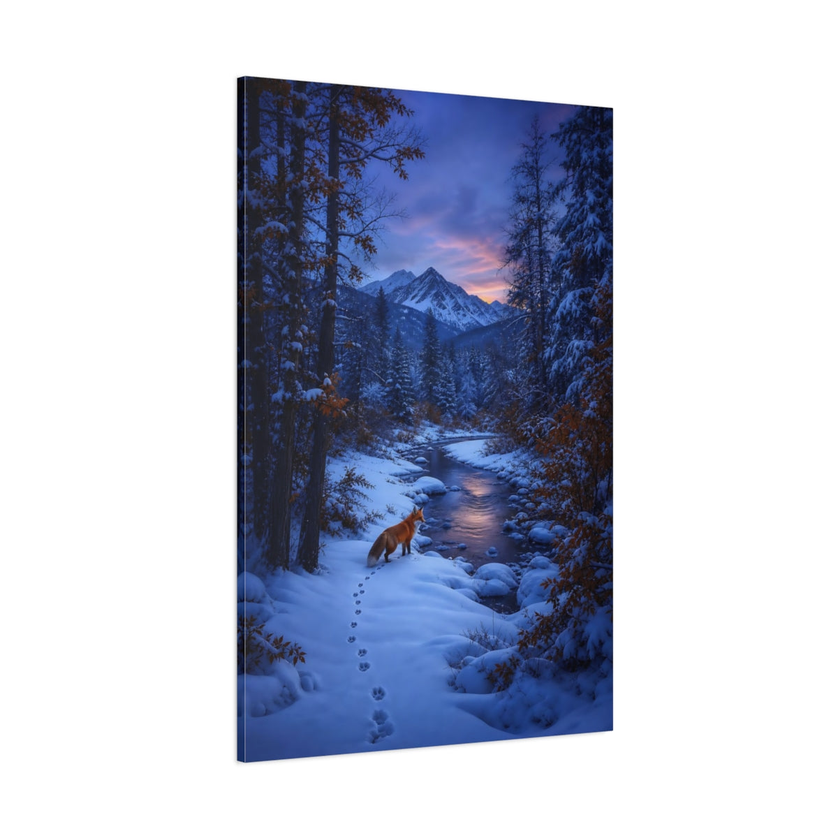 Side Mockup 1. Twilight Fox By The River shown as canvas print
