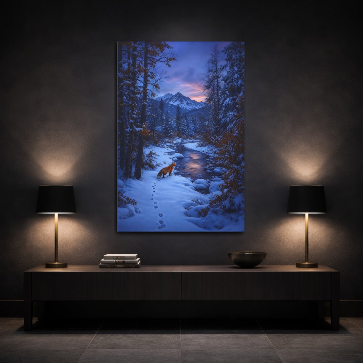 Mockup 3. Twilight Fox By The River shown as canvas print