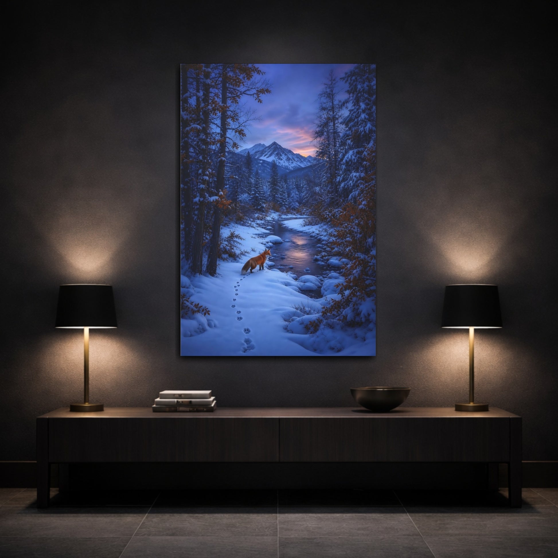 Mockup 3. Twilight Fox By The River shown as canvas print