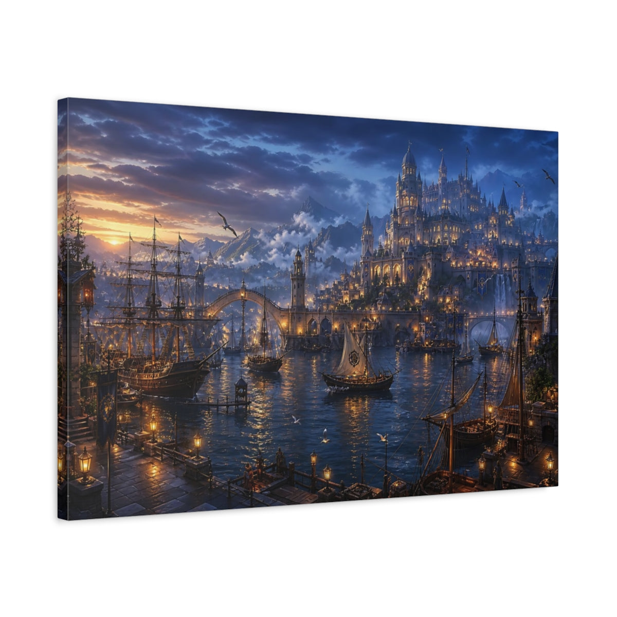 Side Mockup 2. Twilight Harbor Kingdom shown as canvas print