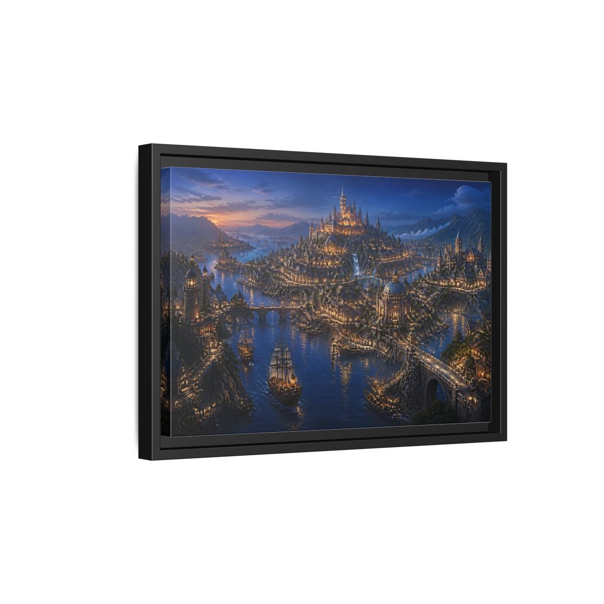 Side Mockup 6. Twilight Harbor Kingdom shown as framed canvas print