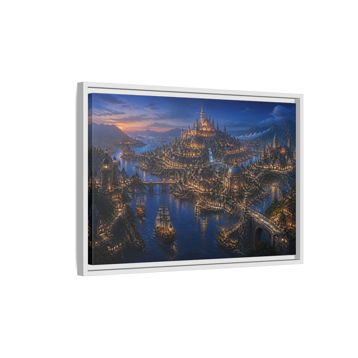 Side Mockup 1. Twilight Harbor Kingdom shown as framed canvas print