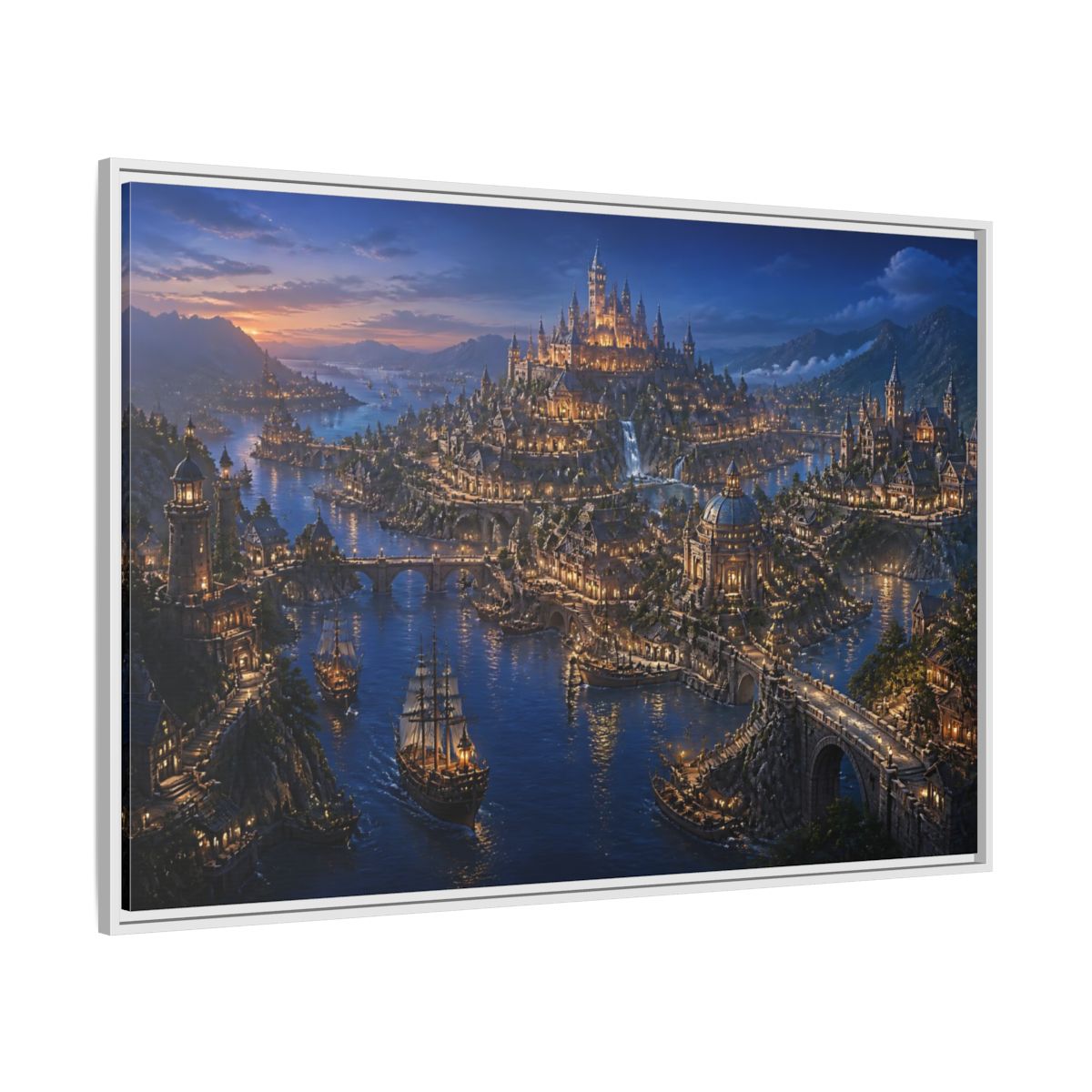 Side Mockup 7. Twilight Harbor Kingdom shown as framed canvas print