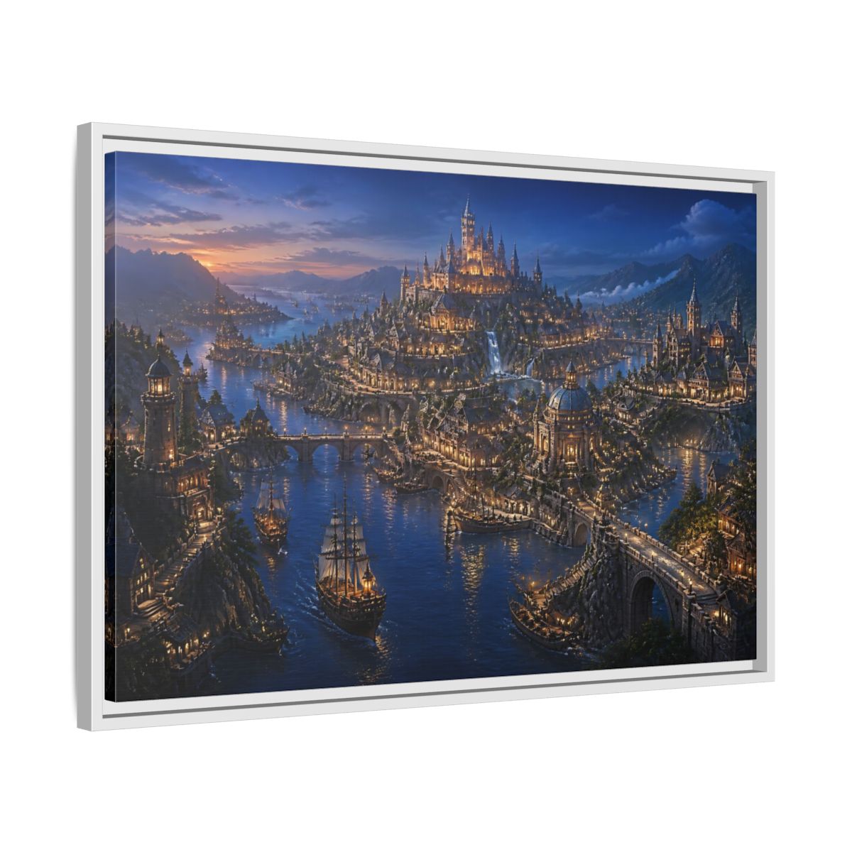 Side Mockup 10. Twilight Harbor Kingdom shown as framed canvas print