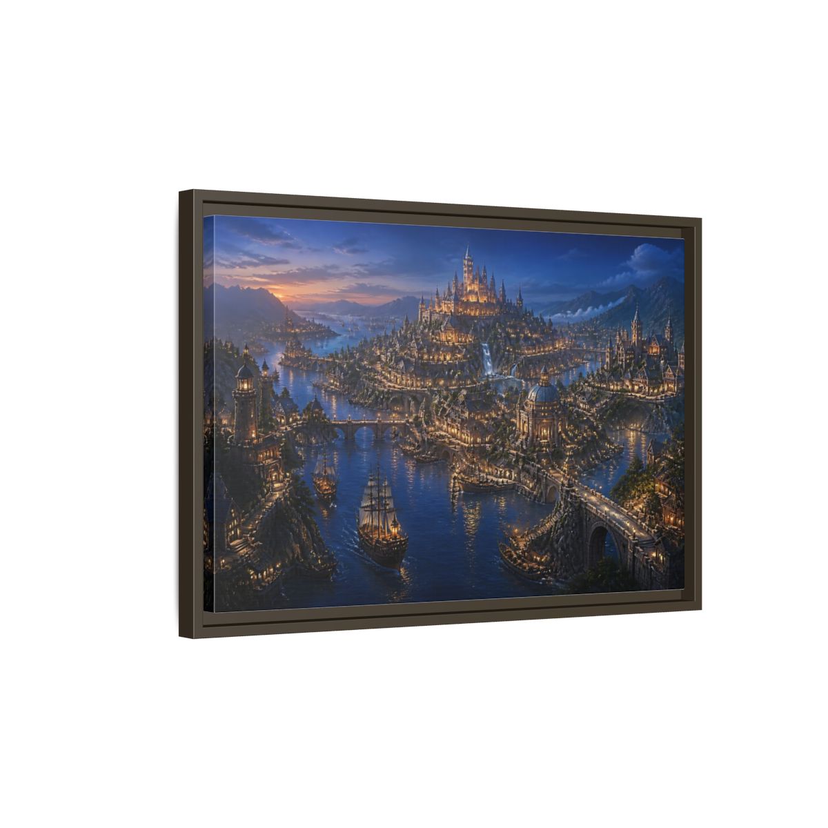 Side Mockup 2. Twilight Harbor Kingdom shown as framed canvas print