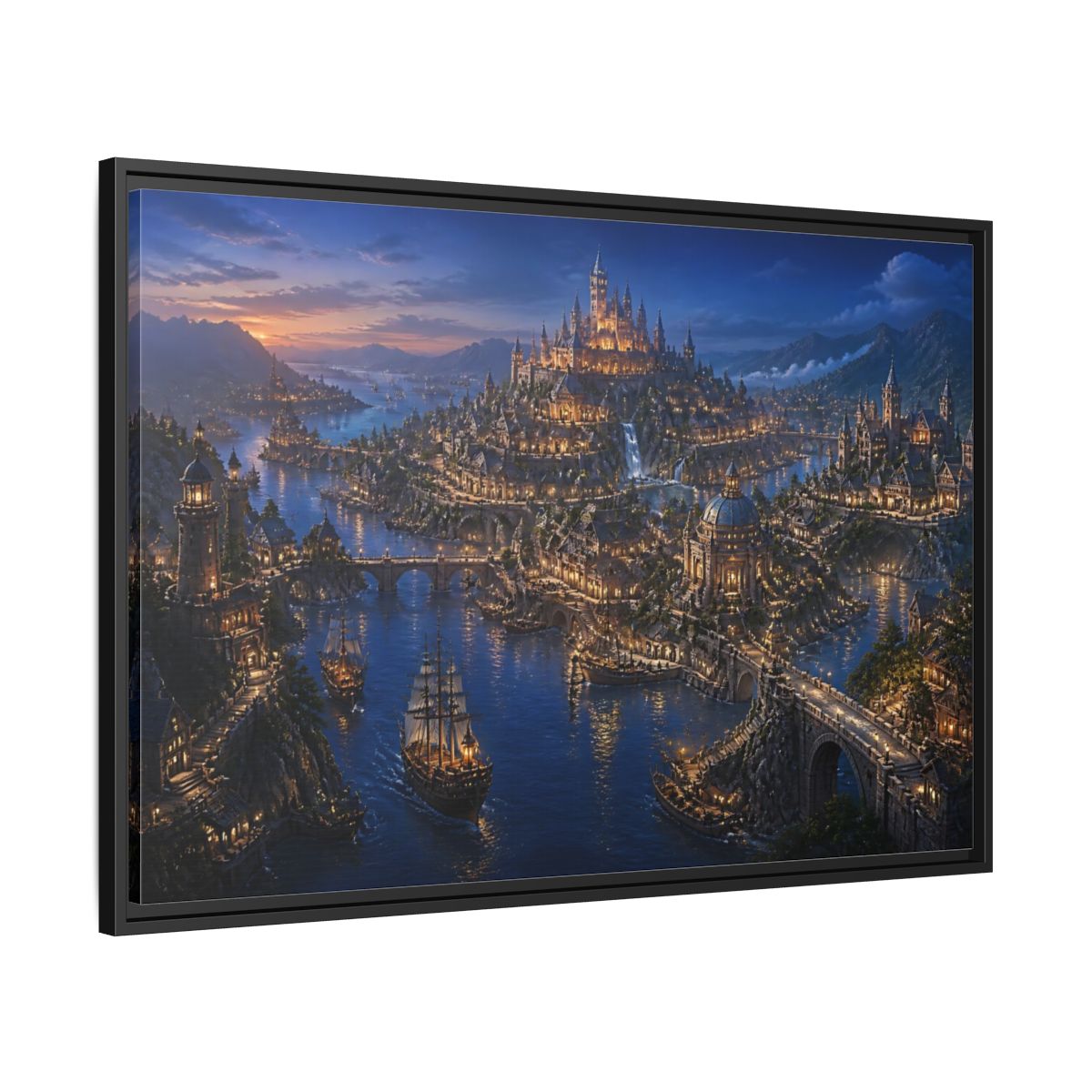 Side Mockup 13. Twilight Harbor Kingdom shown as framed canvas print