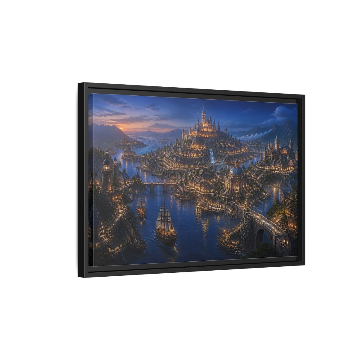 Side Mockup 3. Twilight Harbor Kingdom shown as framed canvas print