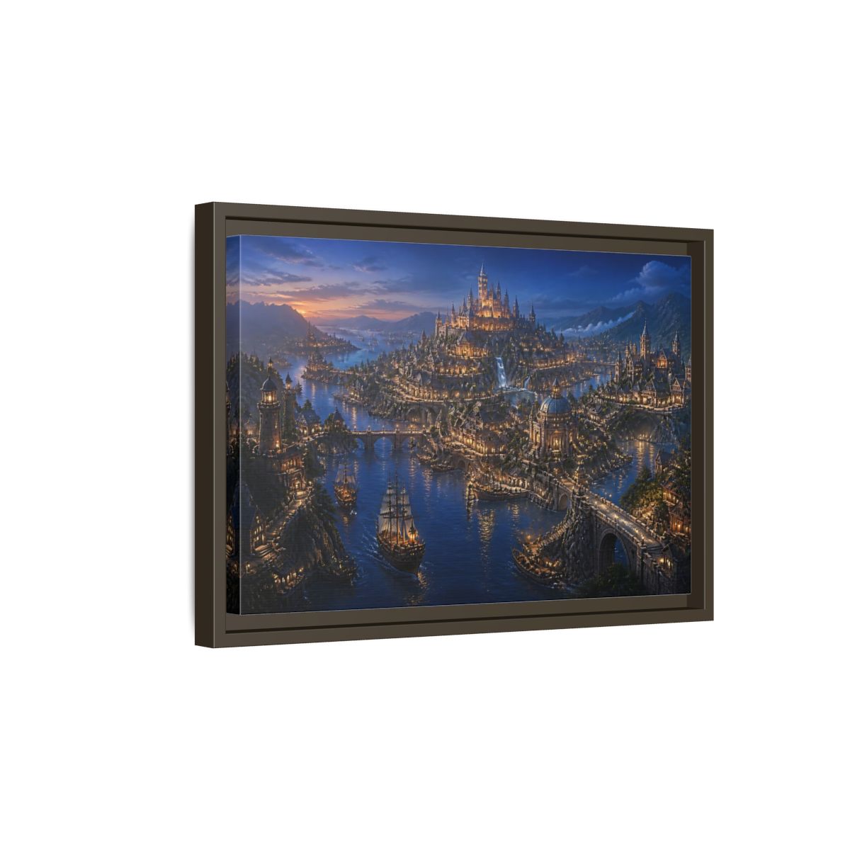 Side Mockup 5. Twilight Harbor Kingdom shown as framed canvas print