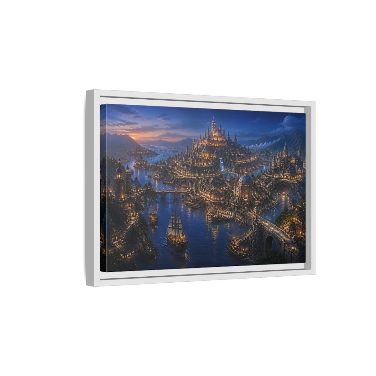 Side Mockup 4. Twilight Harbor Kingdom shown as framed canvas print