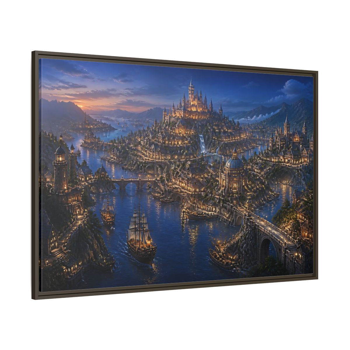 Side Mockup 8. Twilight Harbor Kingdom shown as framed canvas print