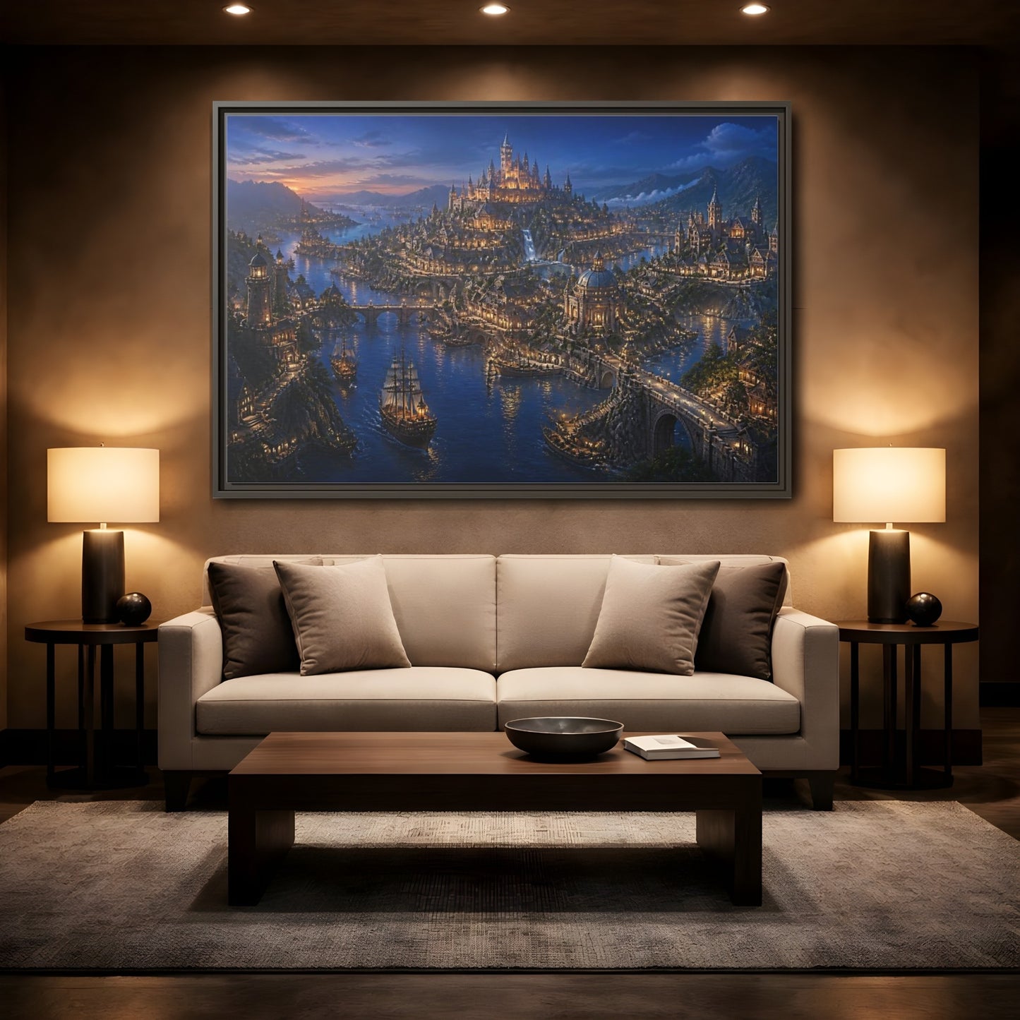 Mockup 2. Twilight Harbor Kingdom shown as framed canvas print