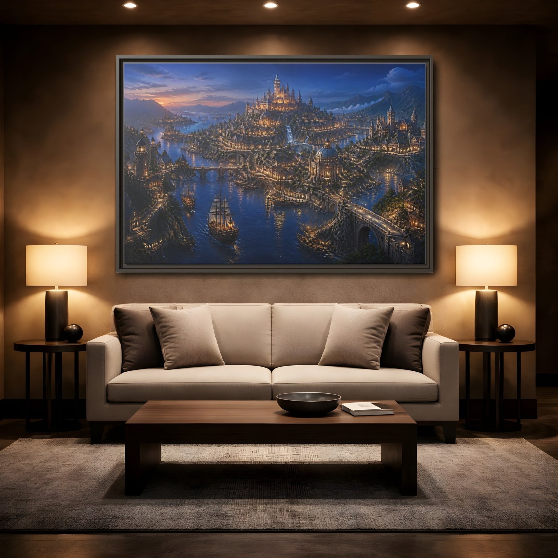 Mockup 2. Twilight Harbor Kingdom shown as framed canvas print