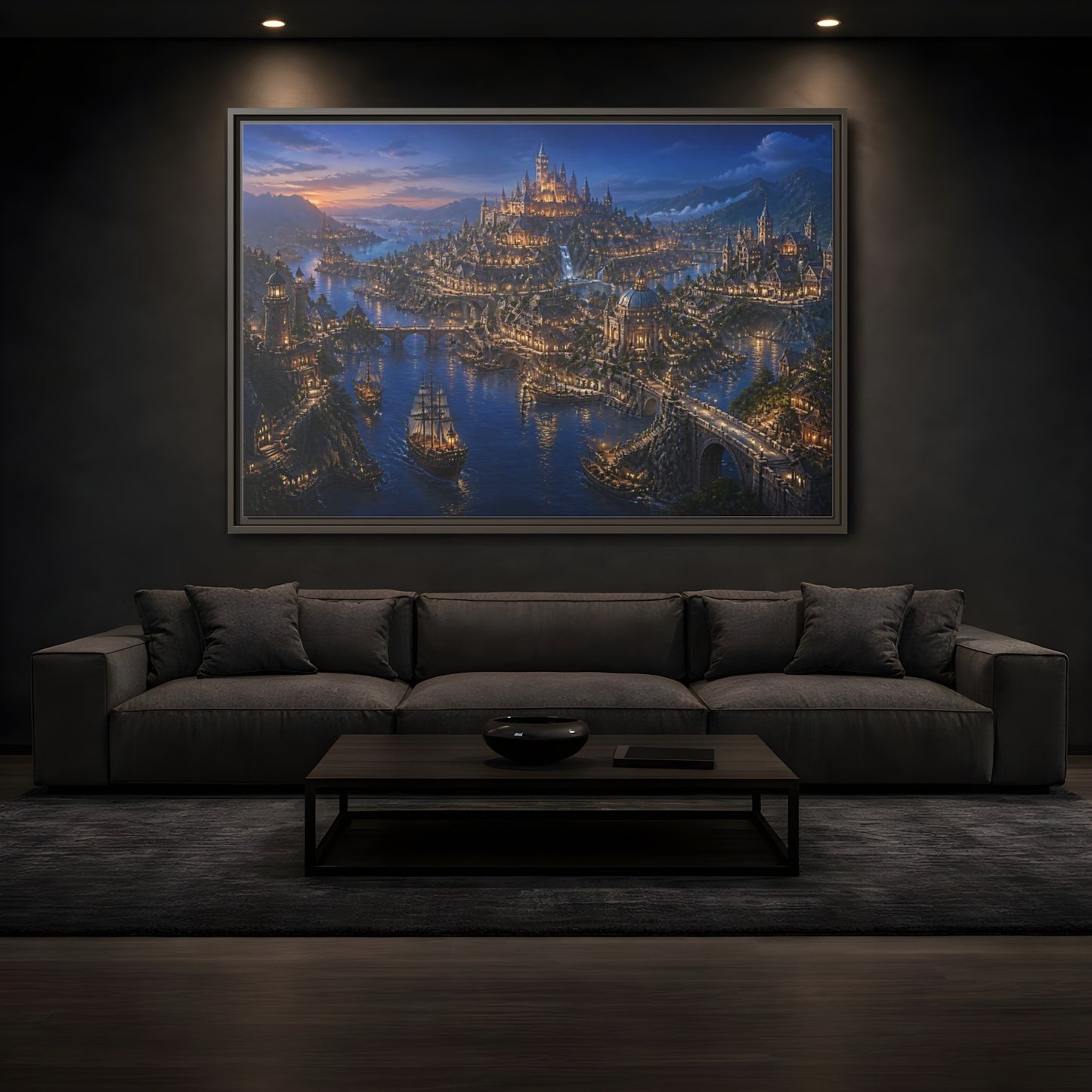 Mockup 3. Twilight Harbor Kingdom shown as framed canvas print