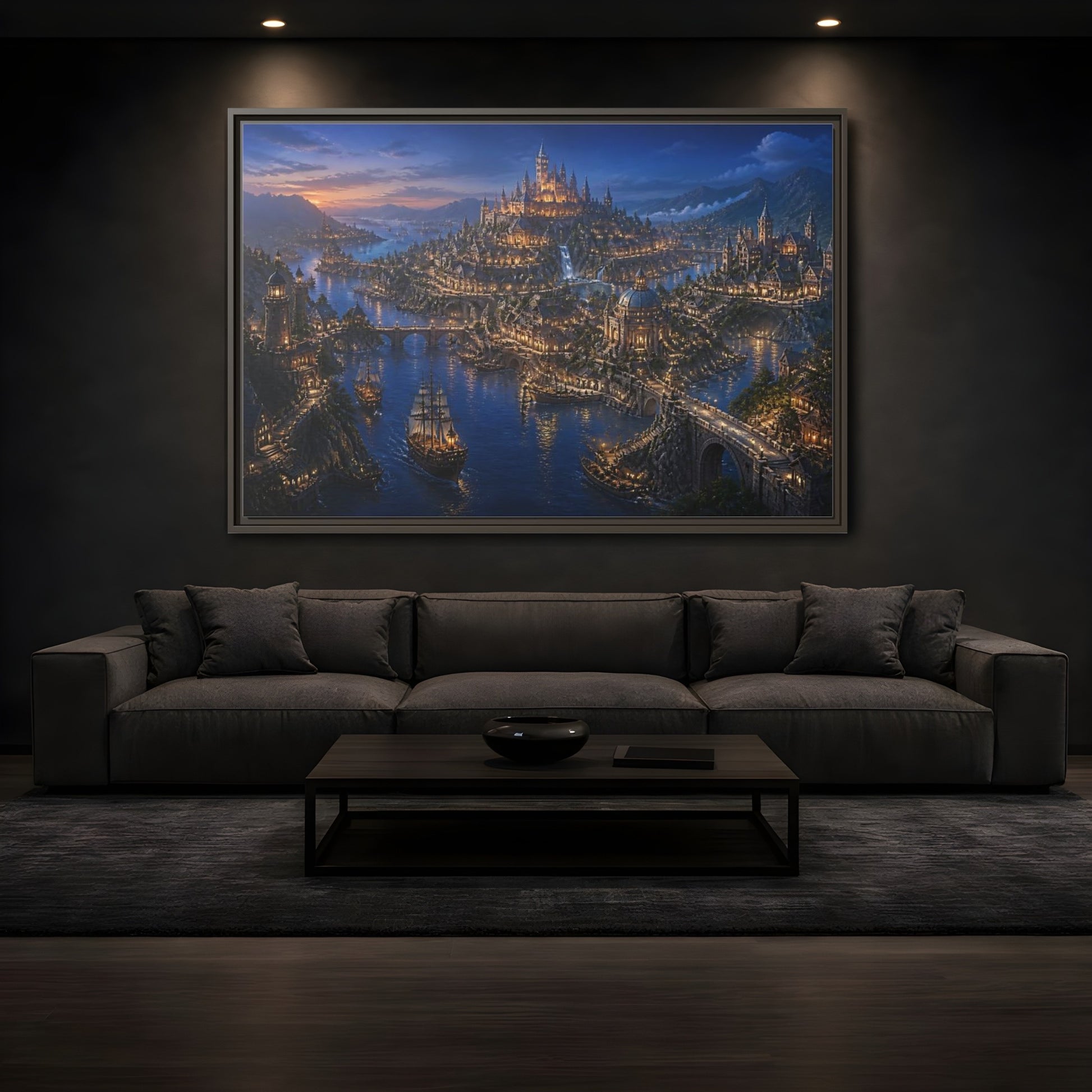 Mockup 3. Twilight Harbor Kingdom shown as framed canvas print