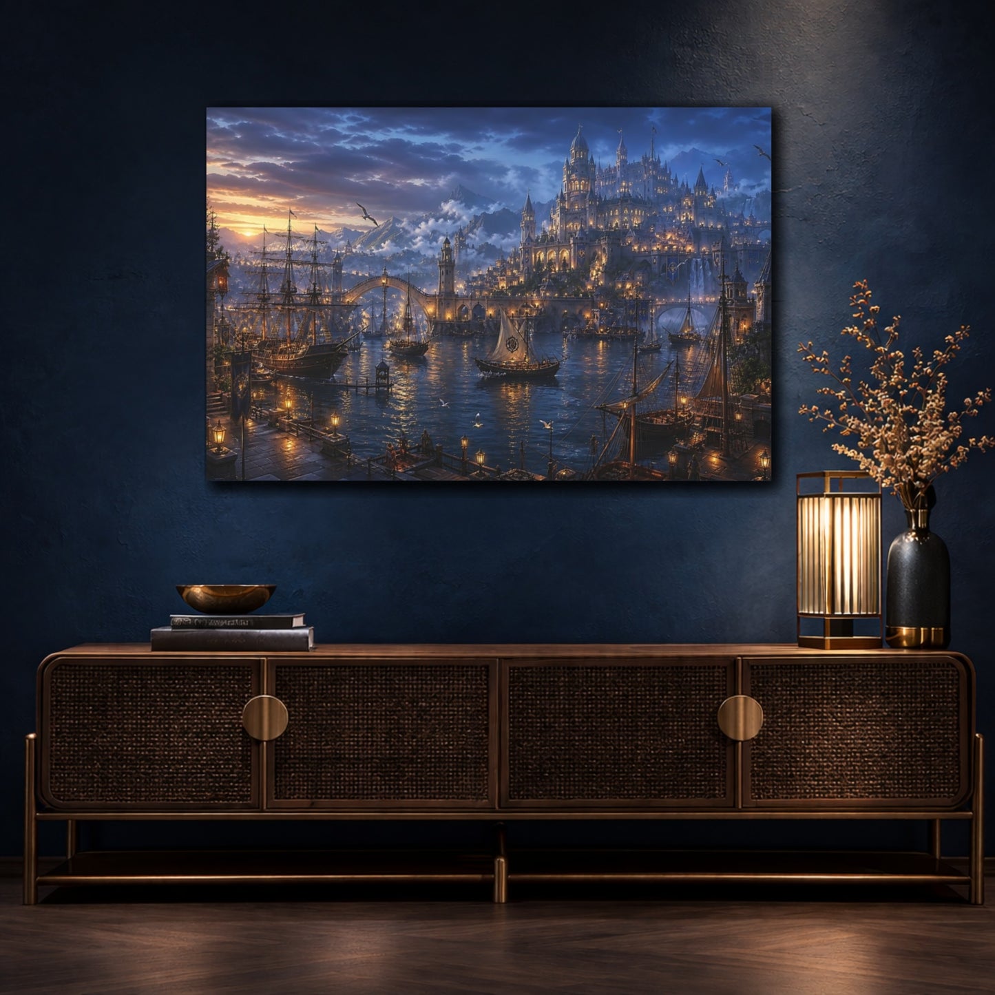 Mockup 4. Twilight Harbor Kingdom shown as canvas print