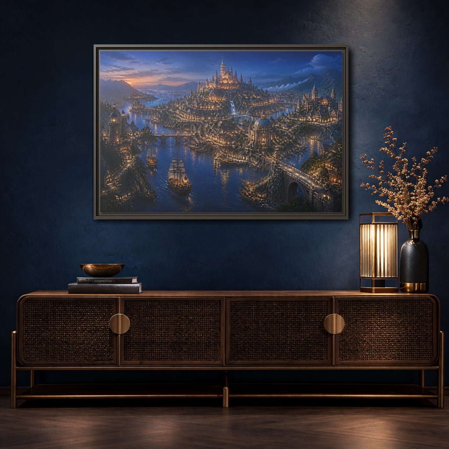 Mockup 4. Twilight Harbor Kingdom shown as framed canvas print