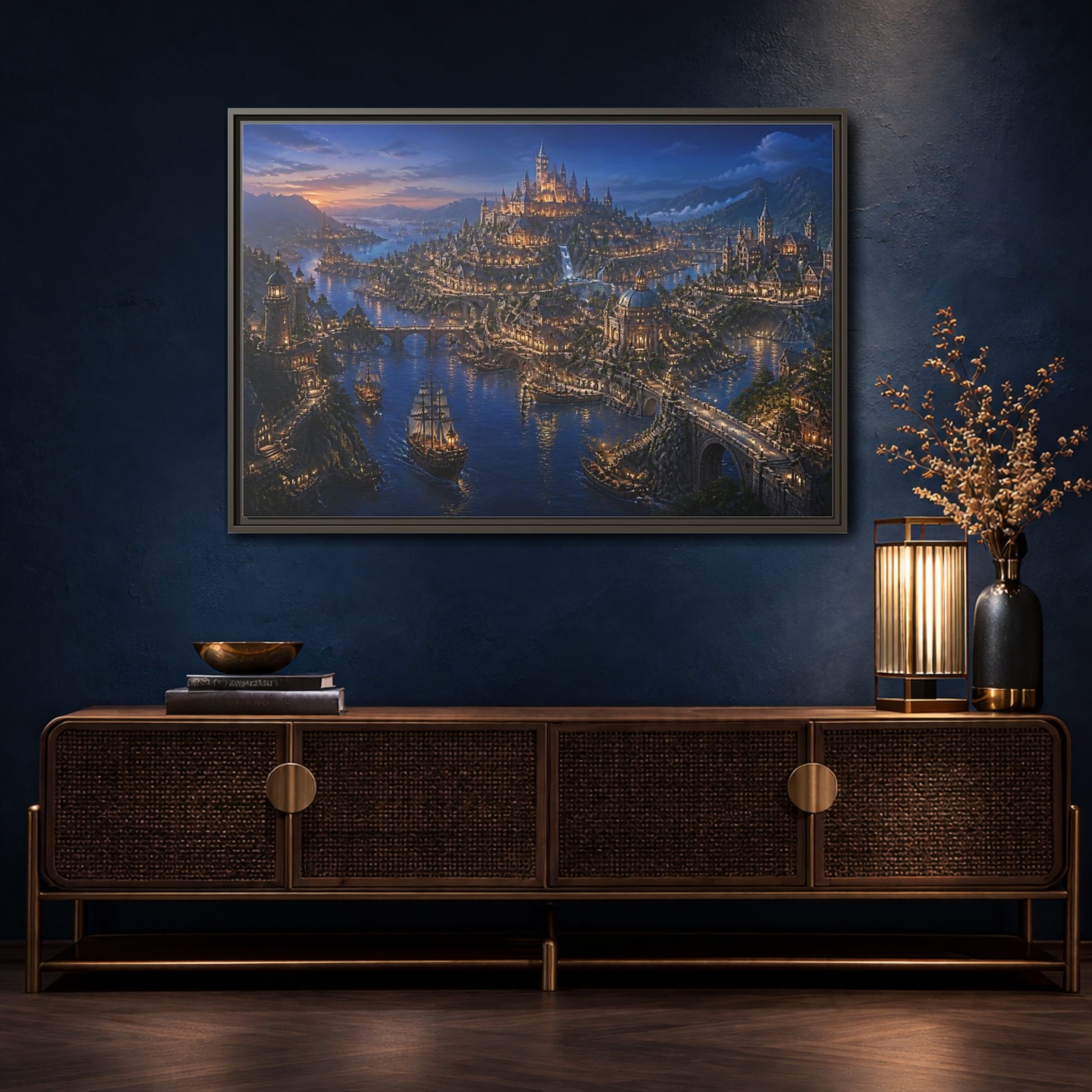 Mockup 4. Twilight Harbor Kingdom shown as framed canvas print