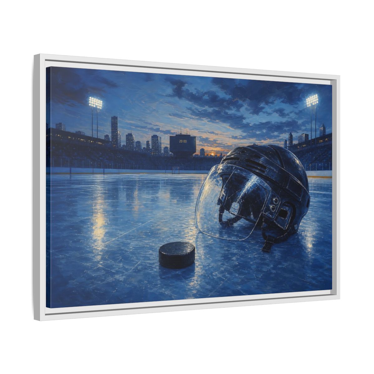Side Mockup 10. Twilight Hockey Helmet shown as framed canvas print