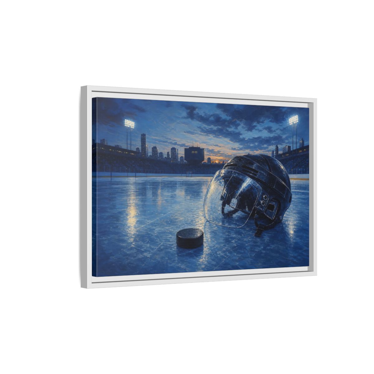 Side Mockup 1. Twilight Hockey Helmet shown as framed canvas print