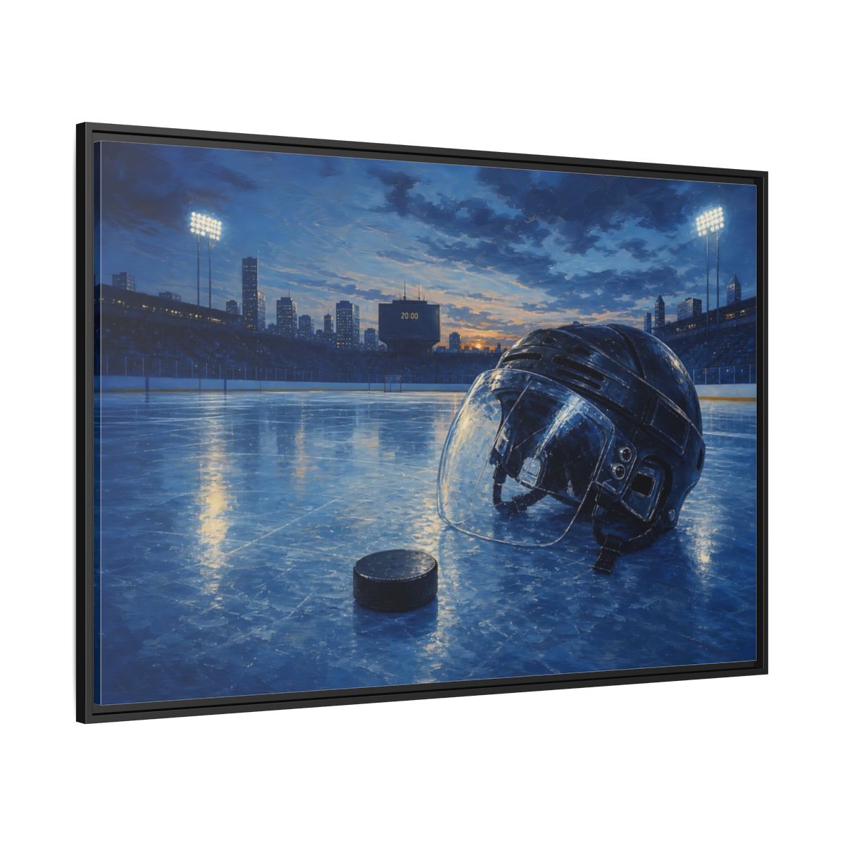 Side Mockup 12. Twilight Hockey Helmet shown as framed canvas print