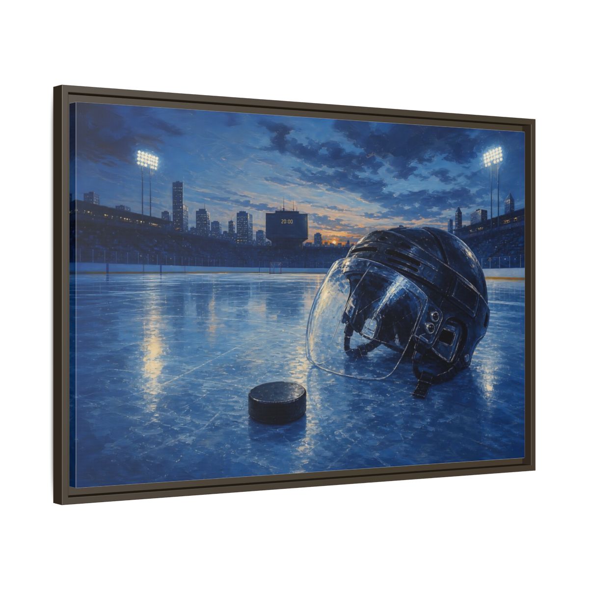Main Mockup. Twilight Hockey Helmet shown as framed canvas print