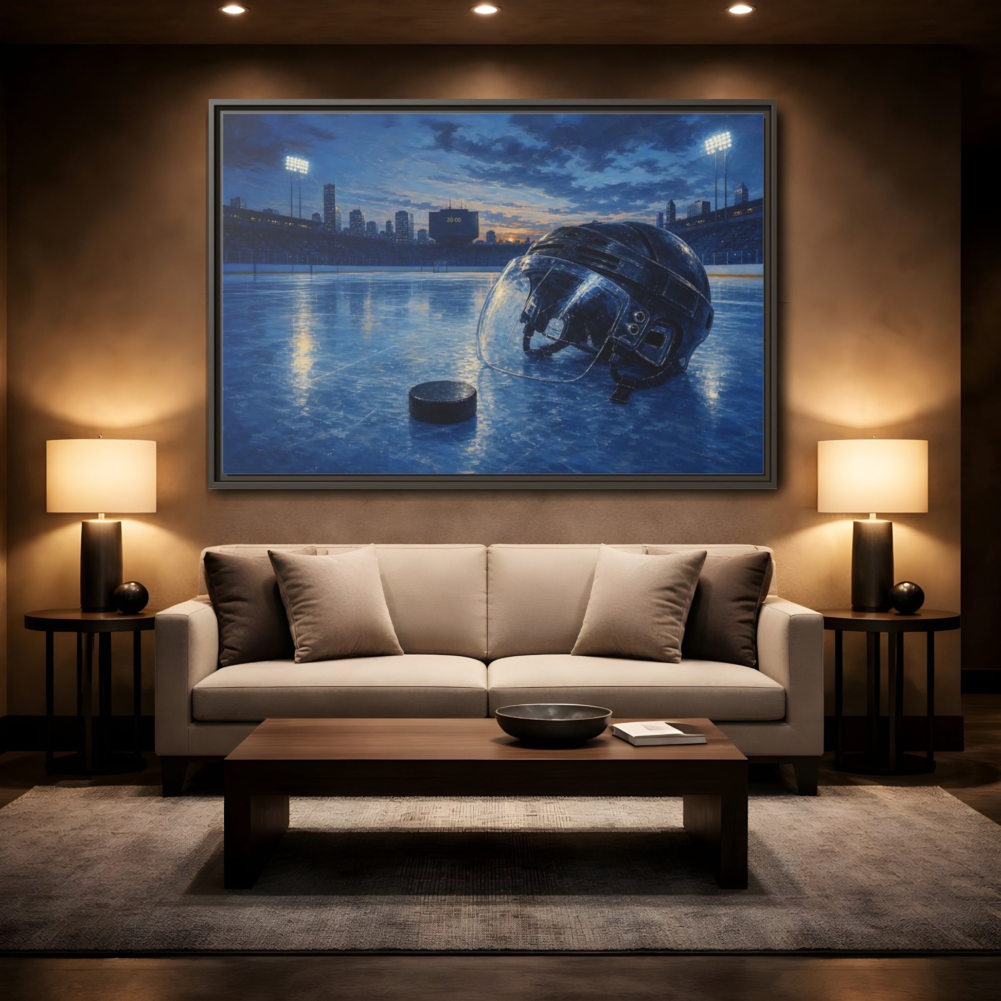 Mockup 2. Twilight Hockey Helmet shown as framed canvas print