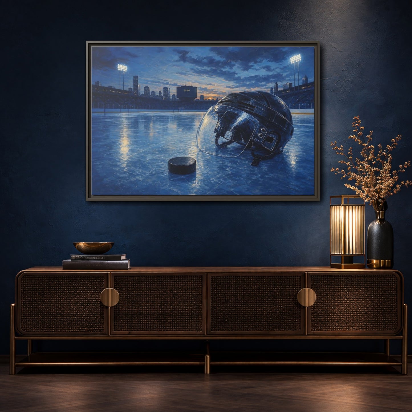 Mockup 4. Twilight Hockey Helmet shown as framed canvas print