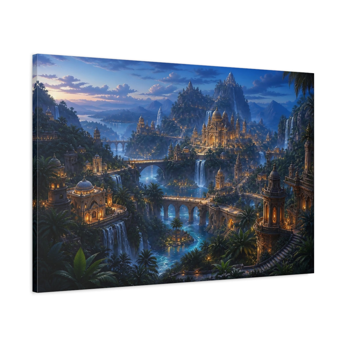 Main Mockup. Twilight Jungle Temple City shown as canvas print