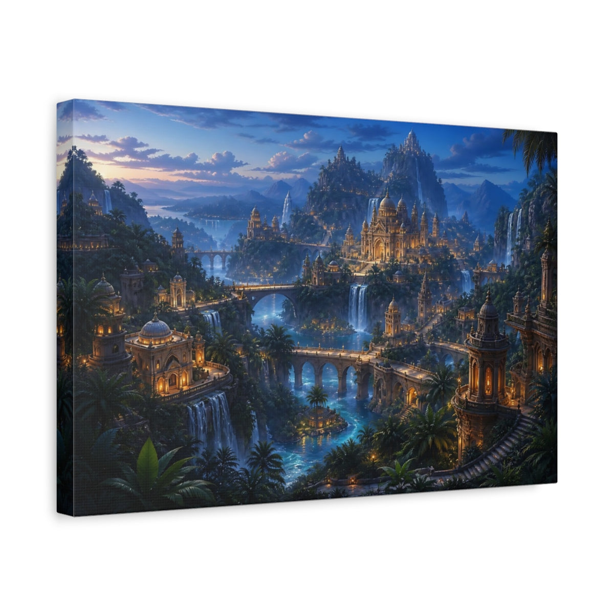 Side Mockup 4. Twilight Jungle Temple City shown as canvas print