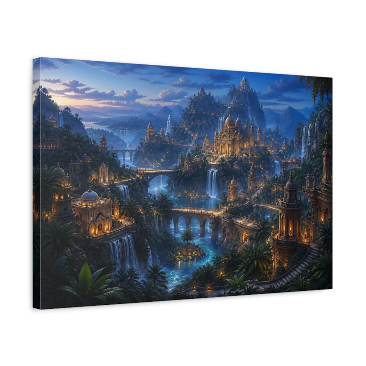 Side Mockup 3. Twilight Jungle Temple City shown as canvas print