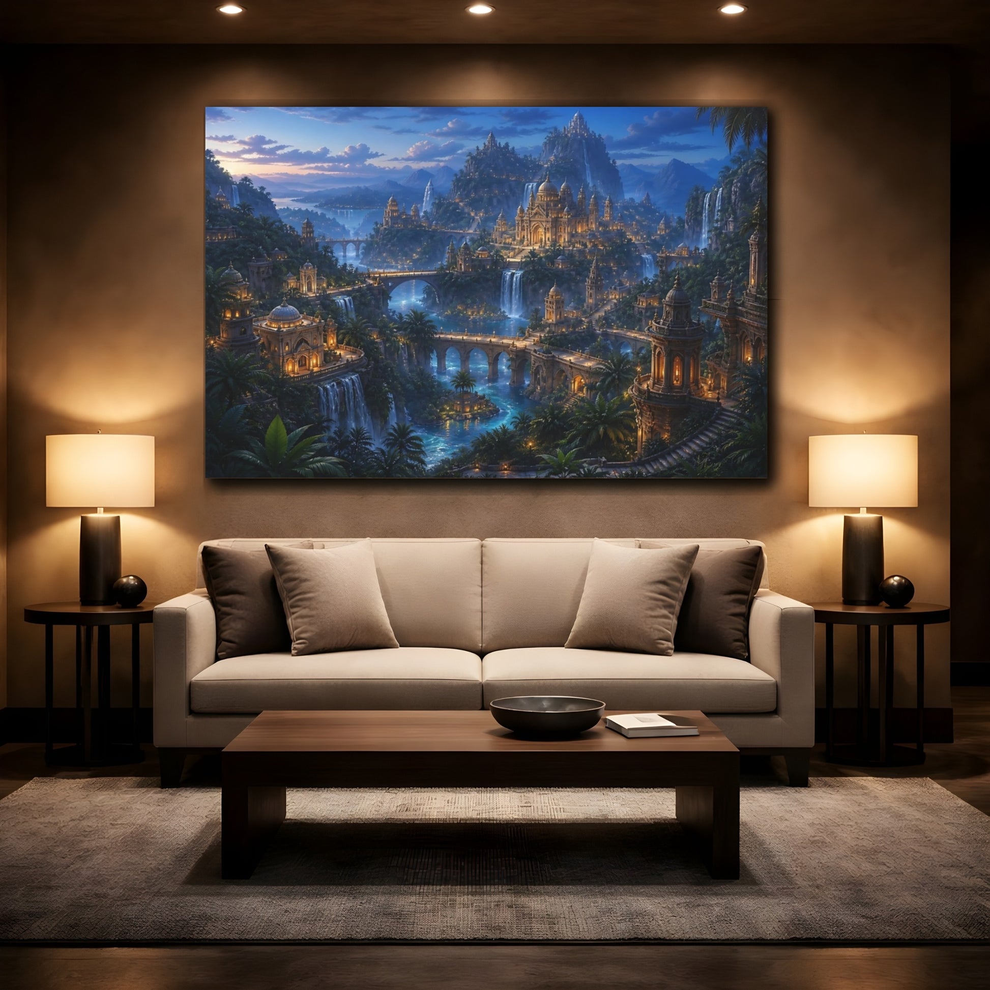 Mockup 2. Twilight Jungle Temple City shown as canvas print