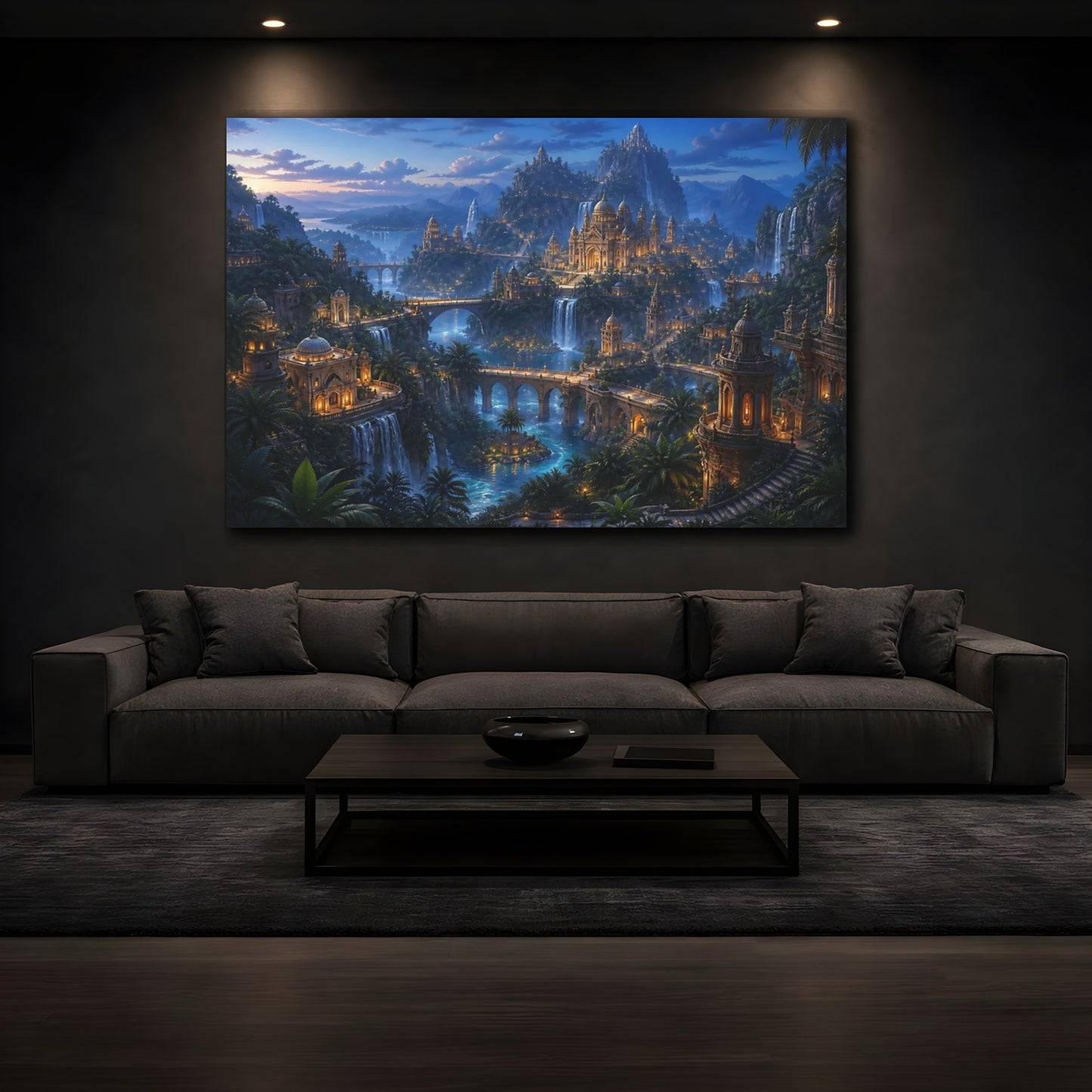 Mockup 3. Twilight Jungle Temple City shown as canvas print