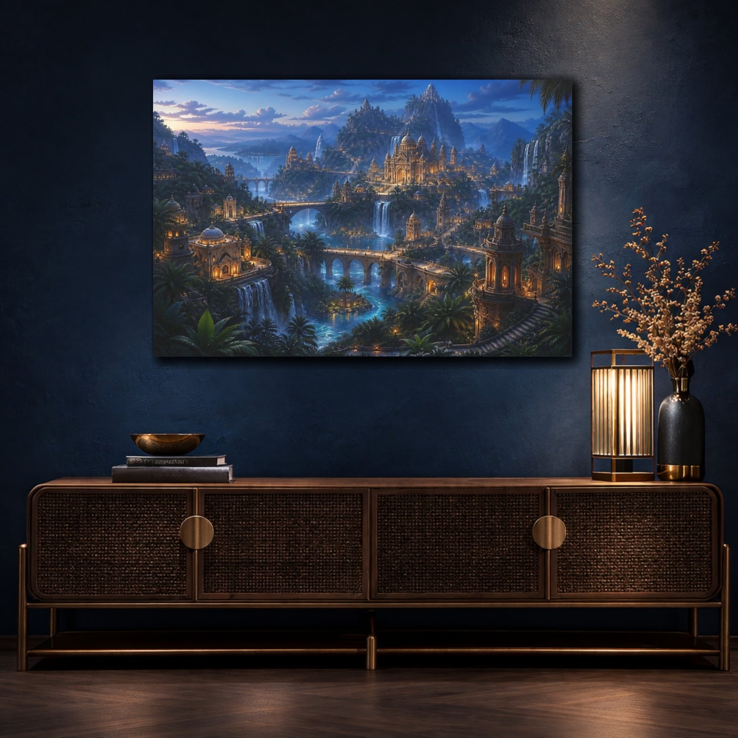 Mockup 4. Twilight Jungle Temple City shown as canvas print