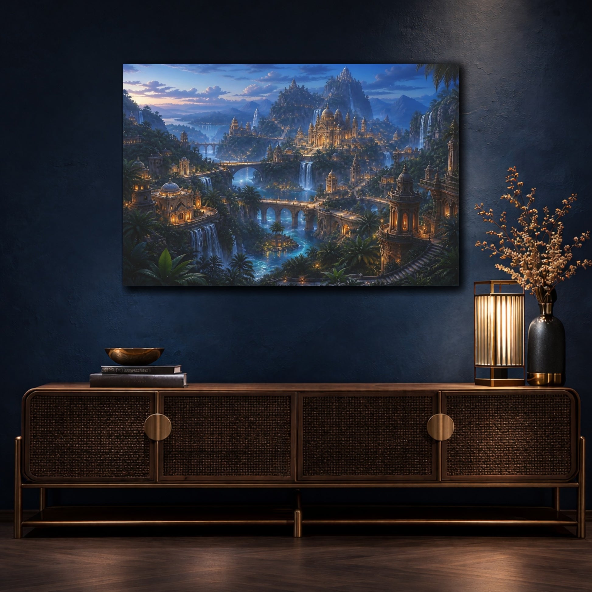 Mockup 4. Twilight Jungle Temple City shown as canvas print
