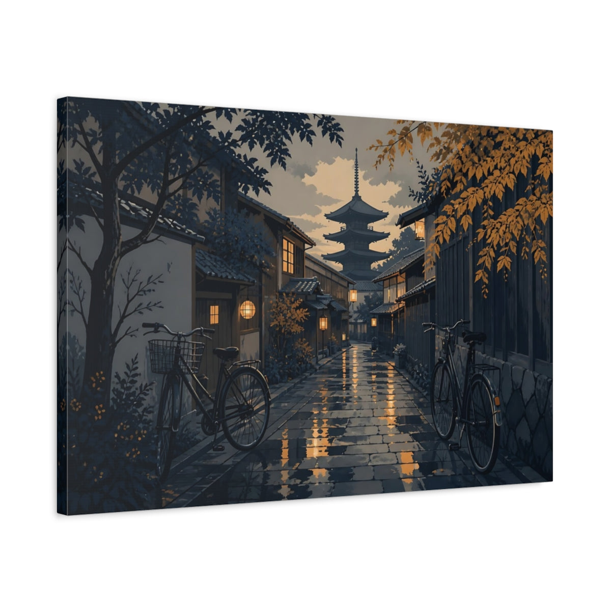 Side Mockup 2. Twilight Kyoto Alley shown as canvas print
