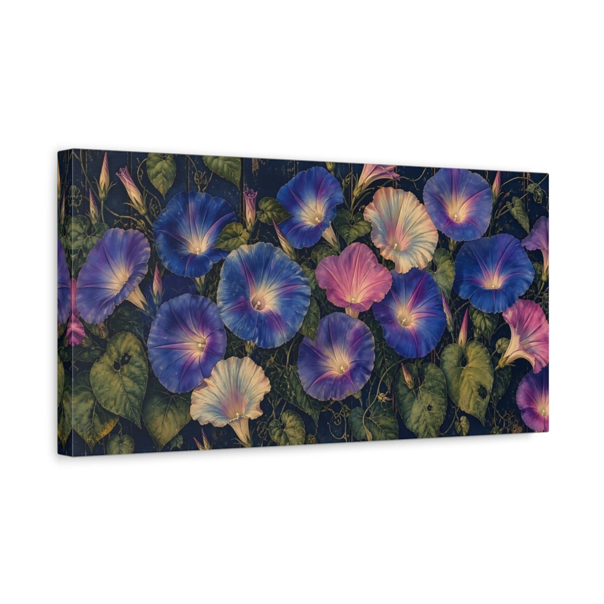 Side Mockup 3. Twilight Morning Glories shown as canvas print