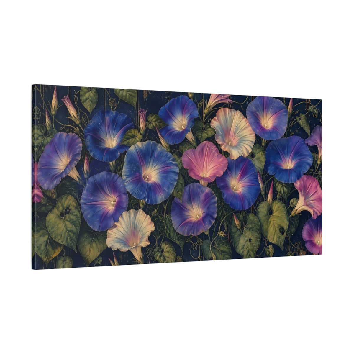 Side Mockup 2. Twilight Morning Glories shown as canvas print