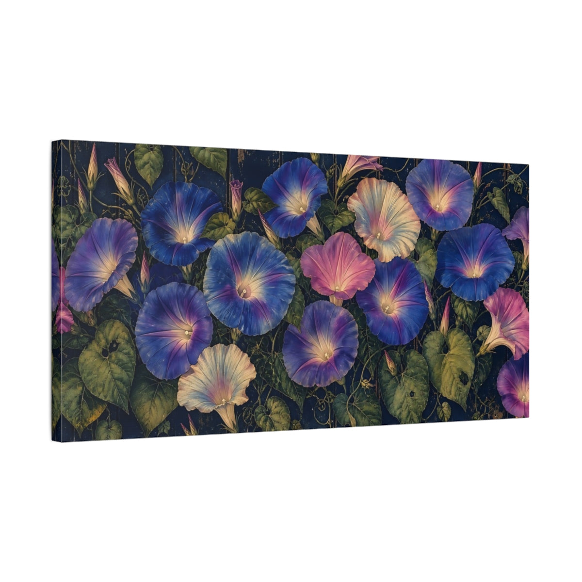 Side Mockup 1. Twilight Morning Glories shown as canvas print