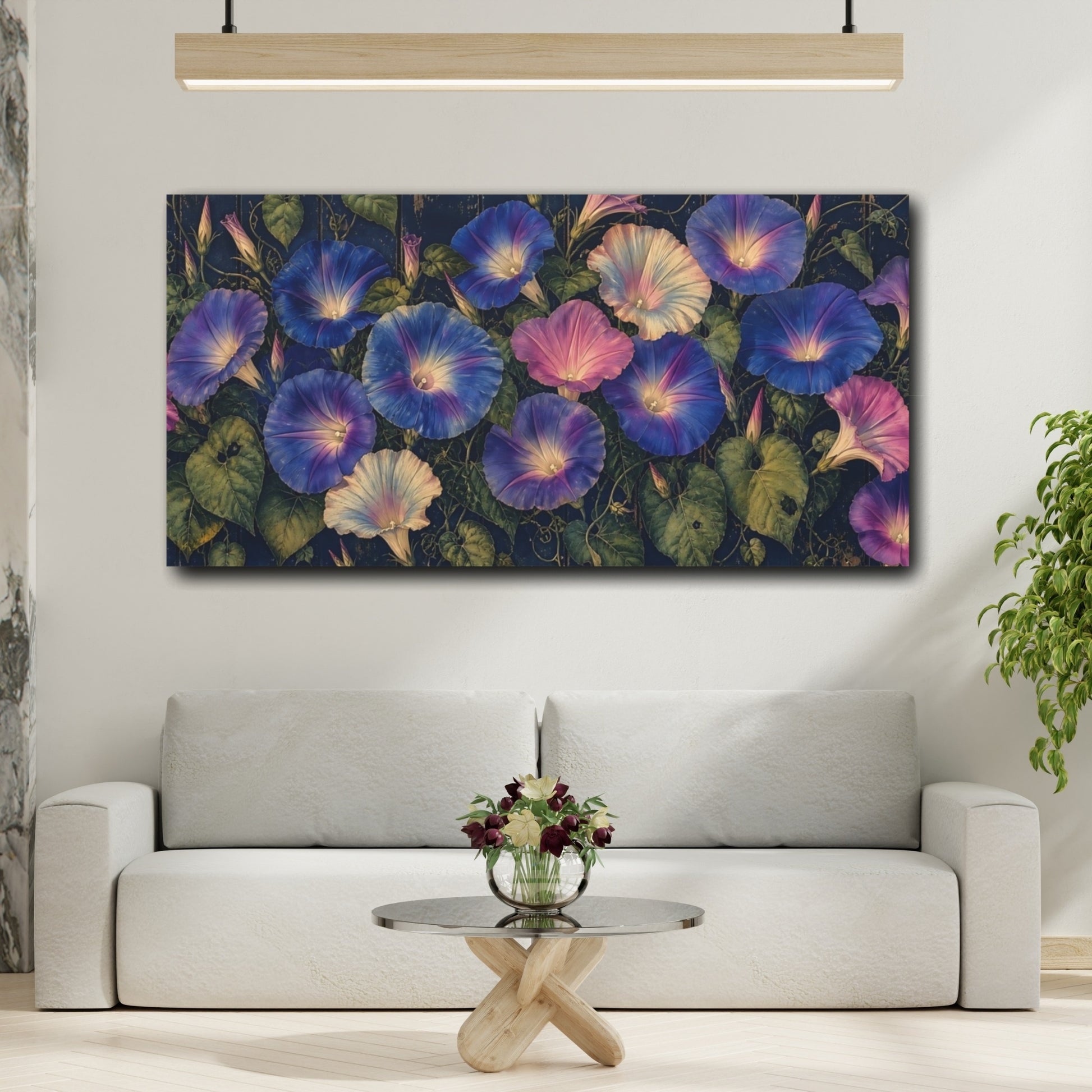 Mockup 2. Twilight Morning Glories shown as canvas print