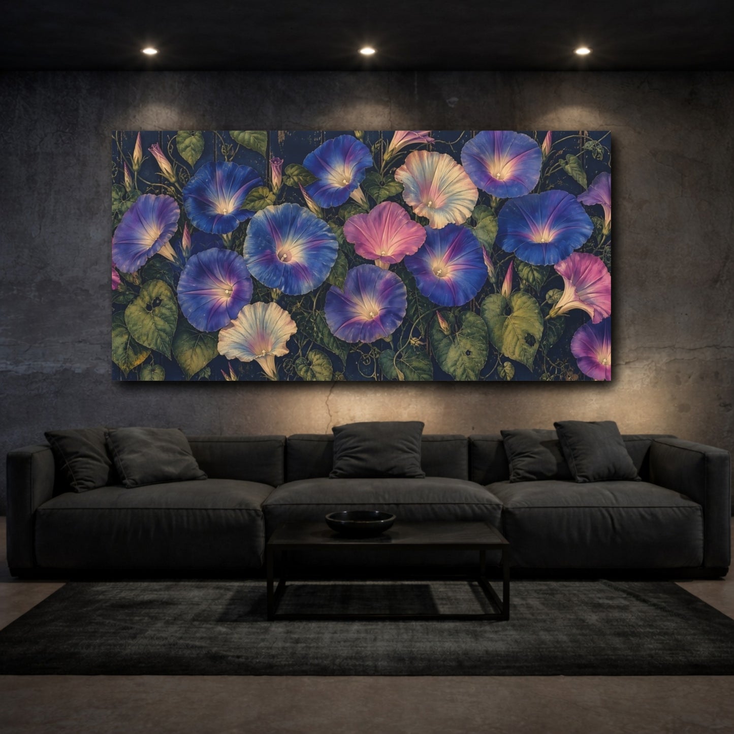 Mockup 3. Twilight Morning Glories shown as canvas print