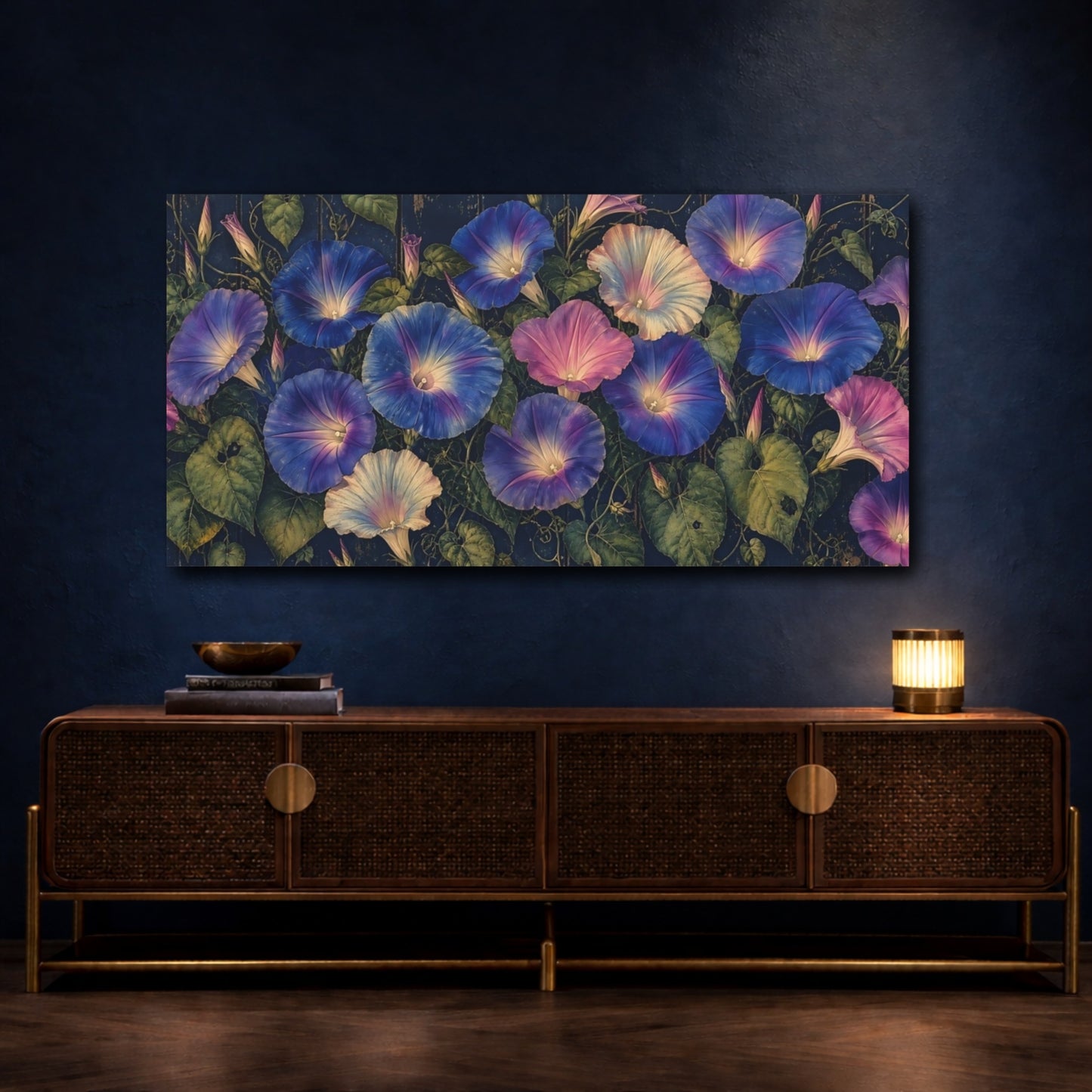 Mockup 4. Twilight Morning Glories shown as canvas print