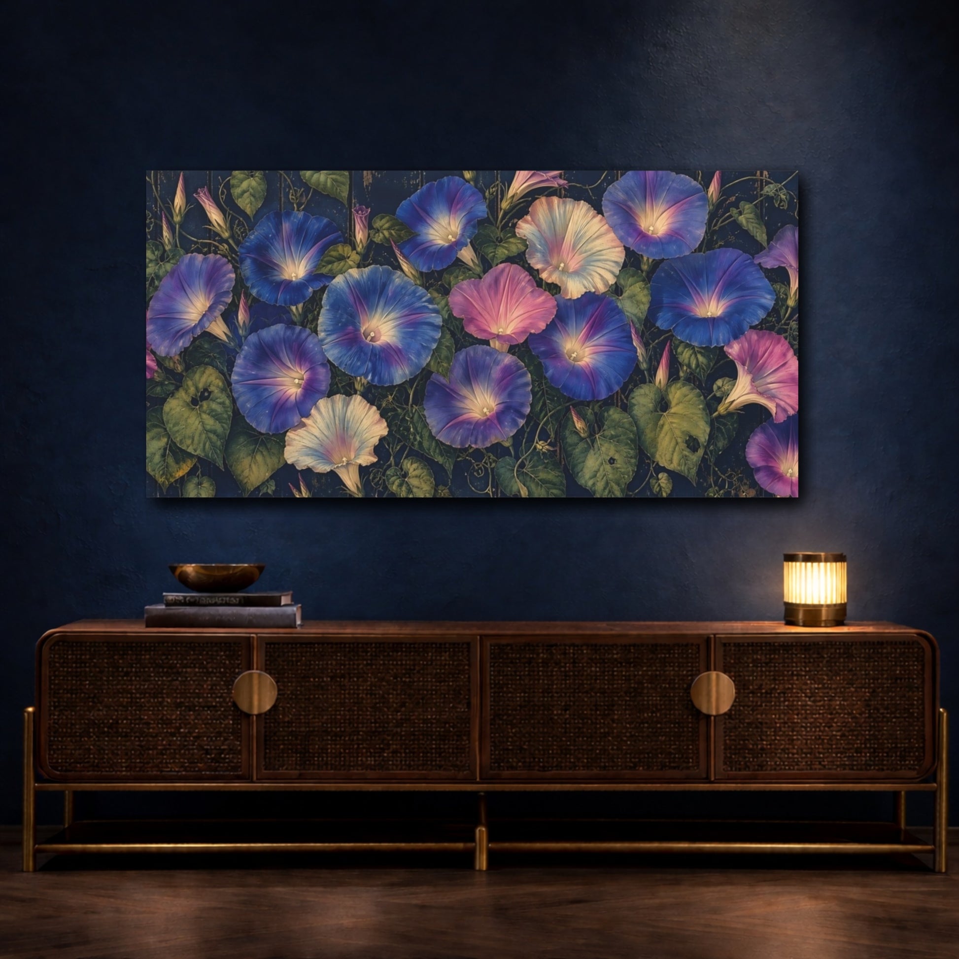 Mockup 4. Twilight Morning Glories shown as canvas print