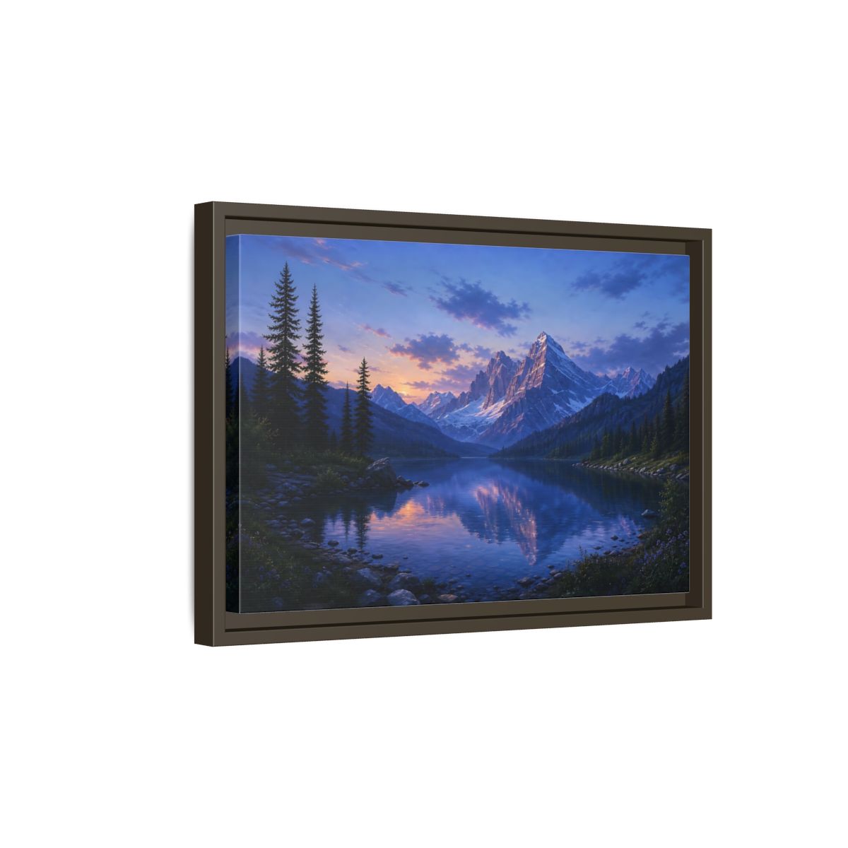 Side Mockup 5. Twilight Mountain Reflection shown as framed canvas print